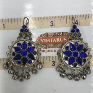 Silver Dangle Jhumka Style Earrings With Blue Glass Stones, Kuchi Jewelry